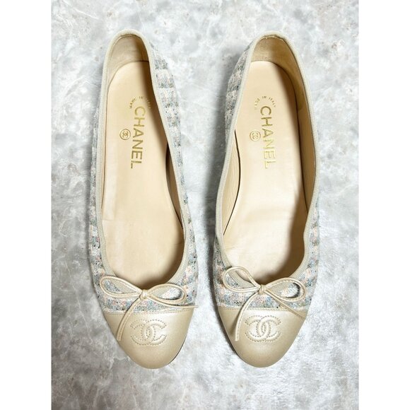 Chanel Interlocking CC Logo Multicolor Pastel Tweed Ballet Flats - Sz EU40 (9.5) - Picture 1 of 8